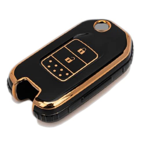 Image of TPU Car Key Cover Black & Golden Compatible for Honda City, WR-V, Jazz (Honda, 2 Button Flip Key)