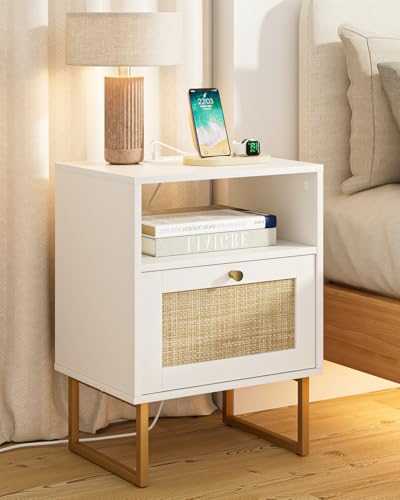 Image of Rattan Nightstand with Charging Station, Mid Century Modern Night Stand,Boho Farmhouse Wood Bedside Table with Storage and Open Shelf, End Side Accent Table for Bedroom,Living Room,White