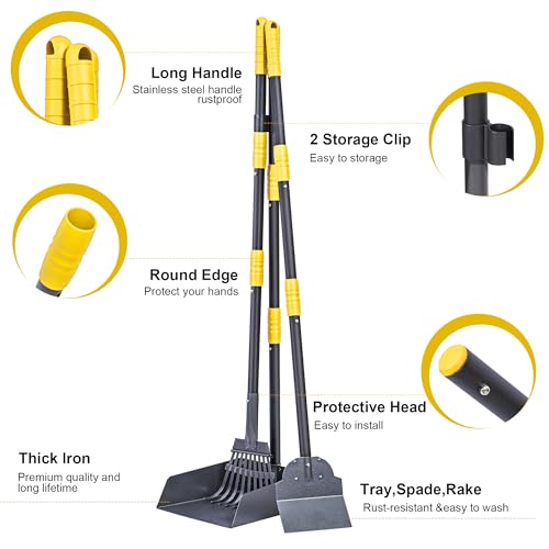 Niubya Pooper Scooper for Dogs, Metal Poop Scooper Tray Spade and Rake Set, Poop Scoop with Adjustable Long Handle, Dog Pooper Scooper for Pet Waste Removal - Thumbnail 2