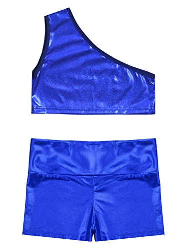 TiaoBug Kids Girls Shiny Metallic Crop Tops and Shorts Set Gymnastics Dance Outfits Yoga Dance Sports Set4