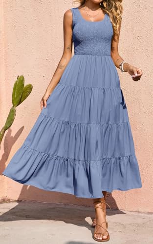 Image of PRETTYGARDEN Women's 2026 Casual Loose Plain Maxi Sundress Smocked Tank Dress Sleeveless Summer Beach Tiered Long Dresses