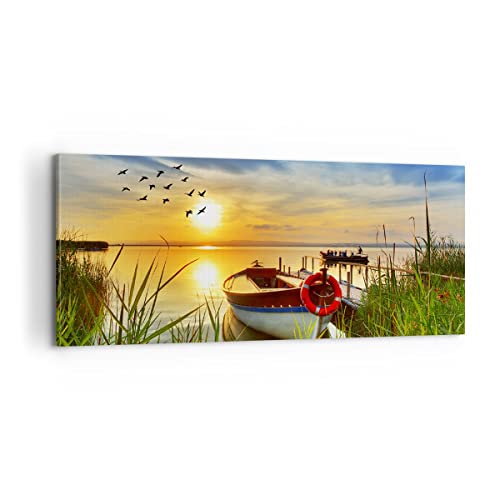 Lienzos decorativos 100x40cm Cuadro Sobre Lienzo Moderno Barco lago puesta del sol verano la gente Grande Dormitorio Cuadros Pared Imágenes Cuadros Decoracion Salon Wall Art Prints AB100x40-3053