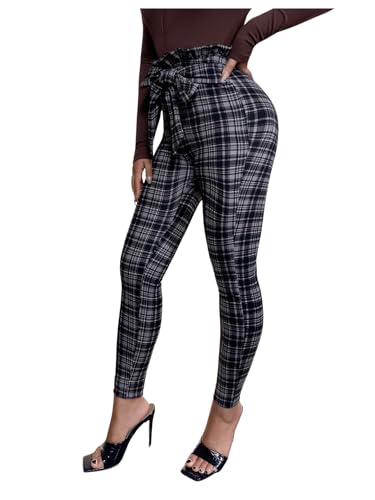 WDIRARA Women's Plaid Paperbag Waist Tie Front Stretch Belted Skinny Pants3