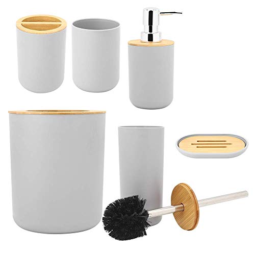 AYNEFY Juego de 6 Accesorios de Baño Modernos Dispensador de Jabón Soporte para Cepillo de Dientes Jabonera Vaso Soporte para Cepillos de Baño Cubo de Basura, Bambú PP (Gris)