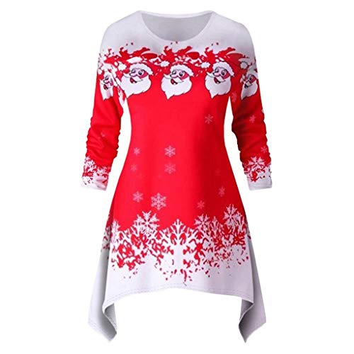 Preisvergleich Produktbild Battnot-Damen Weihnachtsoberteile Weihnachtsmann Schneeflocke Druck Unregelmäßiger Saum Langarm Rundhals Pullover Pulli, Frauen Elegant Freizeit Blusen Christmas Party Sweatshirt Womens Xmas Tops XXL