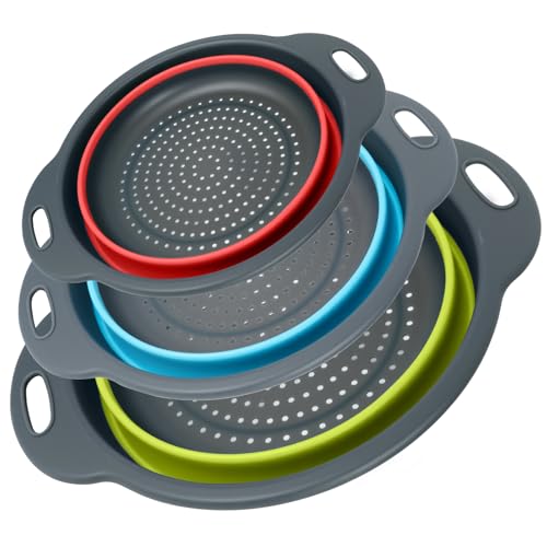 Cluren Collapsible Colander 3-Pack Set Space-Saving Foldable Kitchen Strainer with Non-Slip Base Durable Thickened PP+TPE Collapsible Strainers for Pasta, Vegetables, Fruits (Gray-Blue-Red-Green)