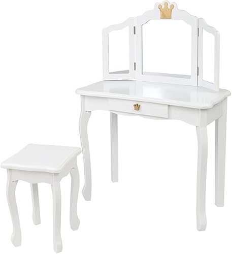 Miniatura 44 de Vasitelan Juego de mesa y silla para niños, juego de tocador para niñas con espejo y taburete, tocador de princesa de maquillaje con cajón, juego de