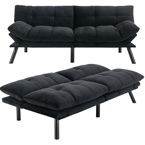 Miscoos Velvet Convertible Futon Sofa Bed, 71" Comfy Loveseat Sleeper Sofa with Adjustable Backrest Armrest, Strengthen Wood, Thick Cushion, Small 2 Seater Futon Couch for Living Room, Bedroom Cover