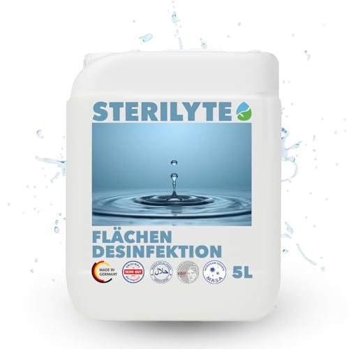 STERILYTE Flächendesinfektionsmittel 5L – Nachhaltig, alkoholfrei, hochwirksam gegen Viren, Bakterien & Pilze, Desinfektionsmittel für Flächen vielseitig einsetzbar (Halal & Koscher) – MADE IN GERMANY