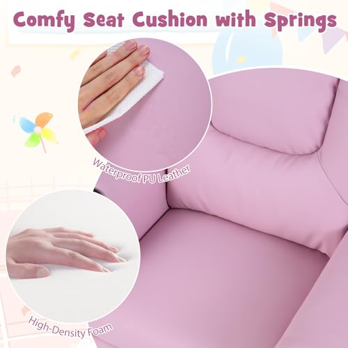 Image of GLACER Kids Recliner with Cup Holder, PU Leather Toddler Lounge Chair(Pink) | Baby Recliner w /Adjustable Backrest & Footrest, Spring Seat Cushion, Push Back Toddler Sofa for Ages 3+, Supports 150 lbs