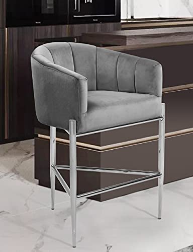 Iconic Home Cyrene Counter Stool Chair Velvet Upholstered Shelter Arm Shell Design 3 Legged Chrome Tone Solid Metal Base Modern Contemporary, Silver #TOP8