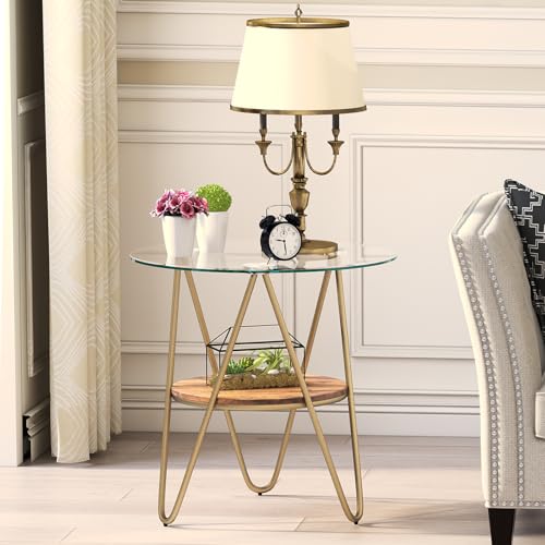 ASYA-Glass-Side-Table-for-Living-Room-2-Tier-Gold-End-Table-with-Tempered-Glass-Metal-Frame-Roud-Nightstand-for-Bedroom-Wood-Grain