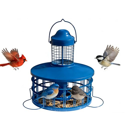 Squirrel Proof Caged Mealworm Bluebird Feeder with Detachable Grille, Easy Refill and Clean, Attract Wild Blue Bird Small Birds Outdoor Hanging, Metal Tube Feeders with Tray Life Time Support