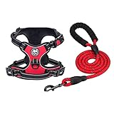 PoyPet Dog Harness and Leash Combo, Escape Proof No Pull Vest Harness, with 5 Feet Leash, Reflective Adjustable Soft Padded Pet Harness with Handle for Small to Large Dogs(Red,S)