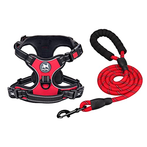 PoyPet Dog Harness and Leash Combo, Escape Proof No Pull Vest Harness, with 5 Feet Leash, Reflective Adjustable Soft Padded Pet Harness with Handle for Small to Large Dogs(Red,S)