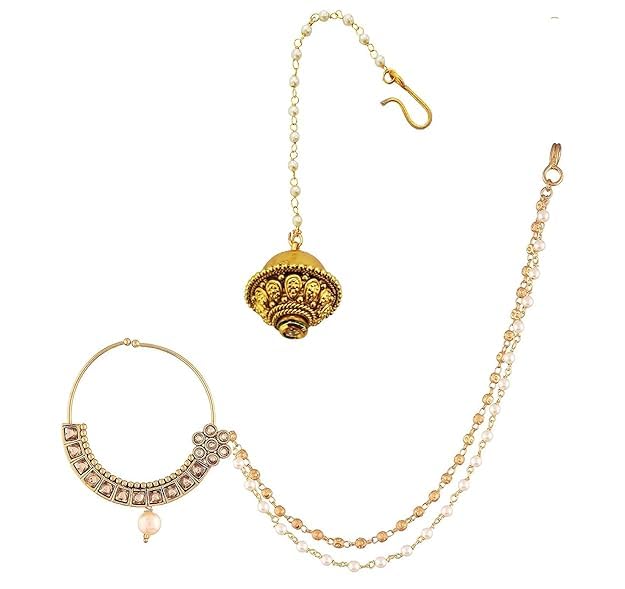 UTILITY WORLD Traditional and Rajputi | Rajasthani Borla Maang Tikka & Gold Plated Traditional Ethnic Bridal Nose Ring | Nath with Pearl Stone without piercing with Pearl Chain Encased for Women 2pc-image-32