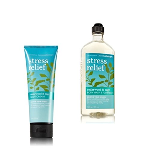 Bath and Body Works - Aromatherapy - Promotes Stress Relief- Cedarwood & Sage- Body Wash & Foam Bath & Body Cream – Bundle