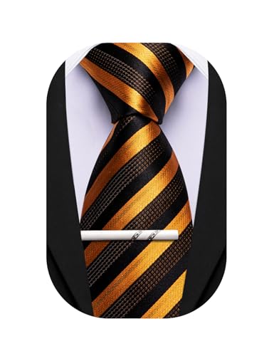 Image of Barry.Wang Silk Men Ties Formal Stripes Necktie and Tie Clip for Wedding Party Business Fashion Classic