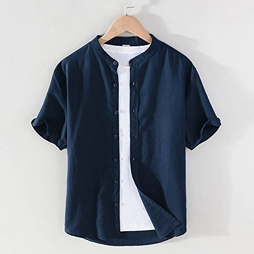 Chemise homme manches courtes en coton lin marine style vintage décontracté