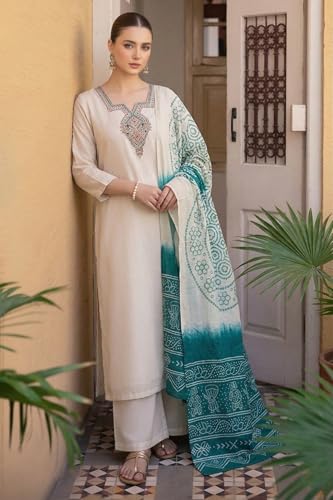 Image of ANNI Designer Women's Viscose Blend Embroidered Straight Kurta with Palazzo & Dupatta | Ethnic Kurta Set for Women | Festive Traditional Suit Set | Office, Party & Wedding3 Outfit