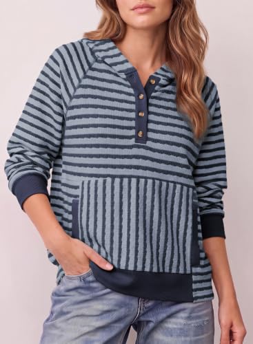 Dokotoo Striped Sweatshirt for Women Pullover Shirts Fall Outfits, Blue M - image 3