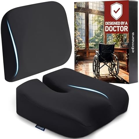 Elmara Wheelchair Seat Cushion 2 Piece Set Provides Total Support – Doctor Designed Thick Wheelchair Cushions to Relieve Back & Sciatica Pain – Wheel Chair Cushions for Seniors, Wheelchair Pad (Black) Cover