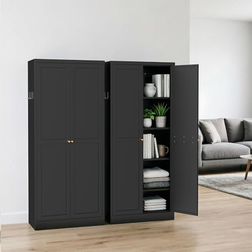 Image of 61 inch H Black Metal Kicthen Pantry Storage Cabinet 5-Tier Cupboard | Tall Metal Cabinets for Kitchen, Living Room, Garage, Heavy Duty Freestanding Utility Cabinet, Assembly Require