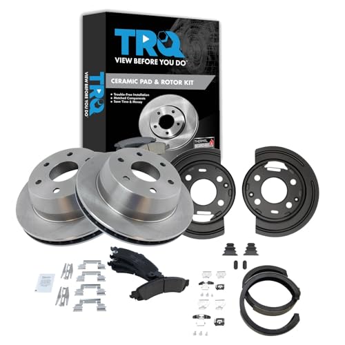 Image of TRQ Rear Brake Pad and Rotor Set Ceramic Vented Rotors Parking Shoes Backing Plates Compatible with 2002-2006 Chevrolet Silverado 1500 GMC Sierra 1500 2003 Cadillac Escalade EXT