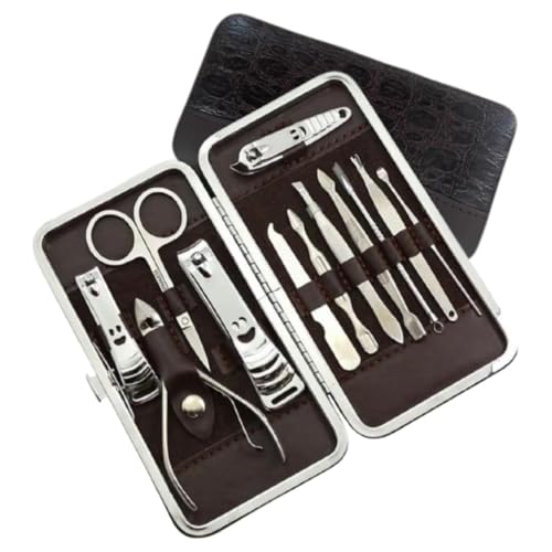 Kit Manicure e Cuidados Pessoais 12 peças Aço Inox - Cortador de Unha, Alicate, Tesoura, Lixa - Ferramentas para Rosto, Pés e Mãos - Estojo Portátil - Cuidados de Beleza Completo - Shop100
