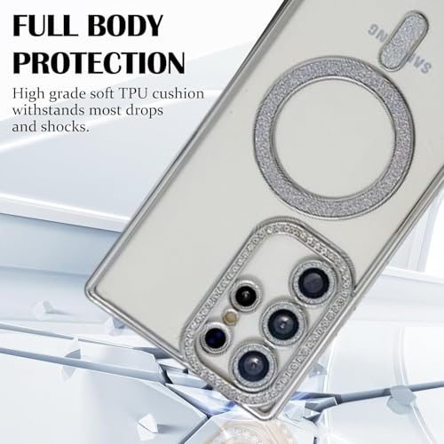 Image of for Samsung Galaxy Glitter Case,Luxury Bling Rhinestone Diamond Plated Bumper Case,MagSafe, Sparkle Camera Lens Protection Clear Back Cover (Silver, for Samsung S24 Plus 5G)