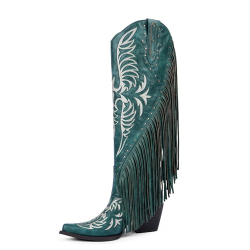 QIY Green Embroidered Cowgirl Boots for Women Fringe Cowboy Boots Embroidered Pointed Toe Chunky Heel Western Knee High Boots Size 7.5