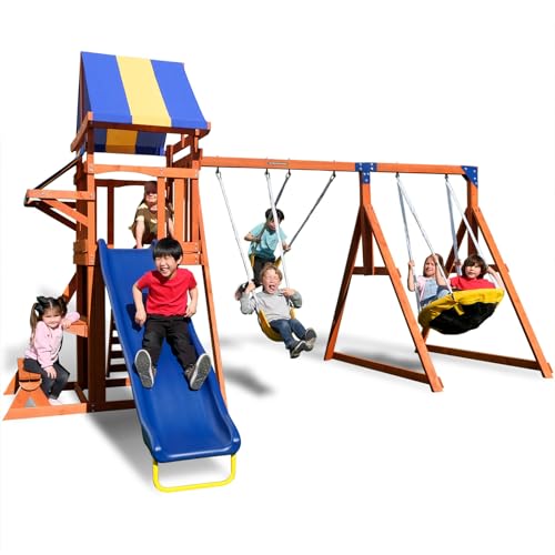 Sportspower Willow Creek Outdoor Kids Wooden Swing Set, Brown/Blue/Yellow (WP-603)