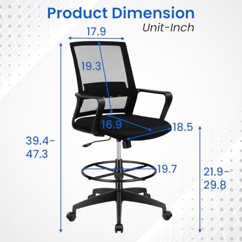 Image of BestOffice Drafting Chair Tall Office Chair Adjustable Swivel Rolling Mesh Height with Lumbar Support Arms Footrest Mid Back for Adults Standing Desk Drafting Stool(Dark Black)