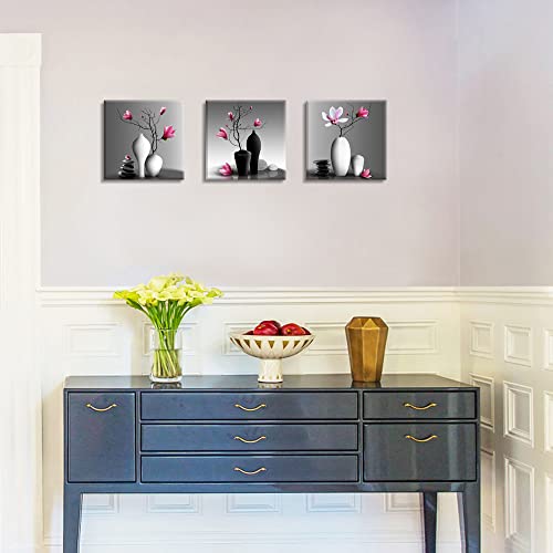 Flower Wall Art For Bathroom Hallway, Sz Elegant Rchid Still Life Canvas Painting Prints, Pink Magnolia In Black And White Vases Picture (Ready To Hang, Waterproof Decor) #TOP4
