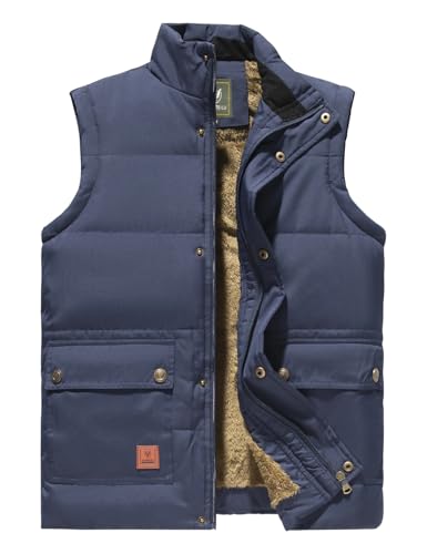 Sukany Men's Casual Warm Vest Winter Outdoor Work Waistcoat Thick Fleece Lined Sleeveless Jacket Stand Collar Padded Puffer Thermal Outerwear Blue XL