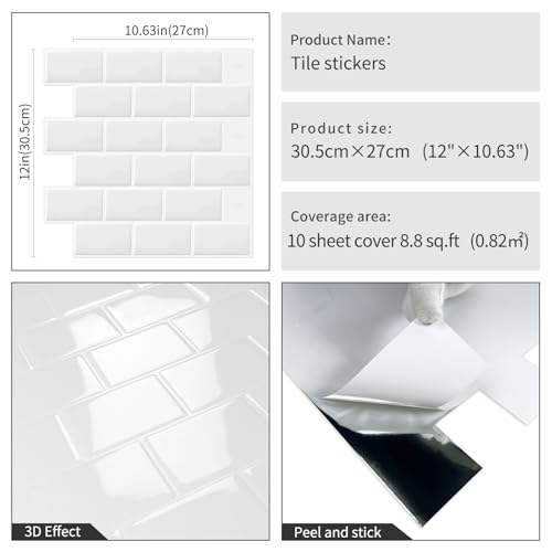 DEWOO 10-Stück 3d Fliesenaufkleber Klebefliesen Wandfliesen Metro Fliesen Selbstklebend Wandverkleidung Weiß Küche Bad (30,5 x 30,5 cm)