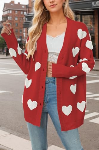 Image of Women Love Heart Graphic Oversized Sweaters Valentine Cute Cardigan Open Front Button Kawaii Preppy Aesthetic Clothes