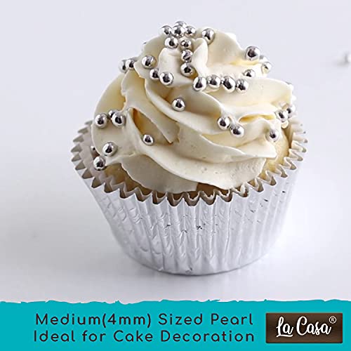 Image of La Casa Premium Silver Dragees | Medium(4mm) Sized Pearl Balls Ideal for Cake Decoration & Garnishing | 100g |