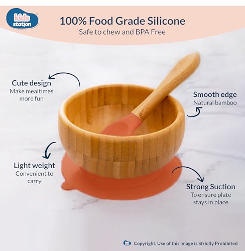 Image of Kids Station Wooden Baby Feeding Set - Bowl, Spoon & Bib - Orange | Eco-Friendly Self-Feeding Baby Tableware Set (3 pcs, Orange)