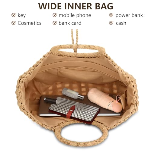 FENBEN Straw Hobo Bags for Women Round Beach Purse Large Woven Bag miniatura 4