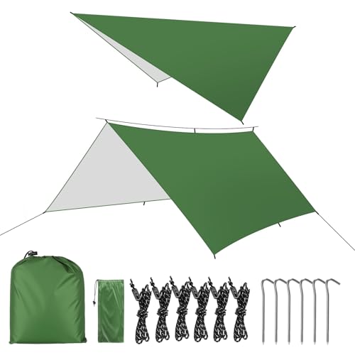 BBWELL Toldo Camping 3X3M Impermeable,Ultraligero y Portátil Toldo de Refugio,Protección UV, Anti Desgarro,Con anillo metálico + clavos de aluminio + cuerda de nylon,Tarp para Picnic Pesca Camping Sen