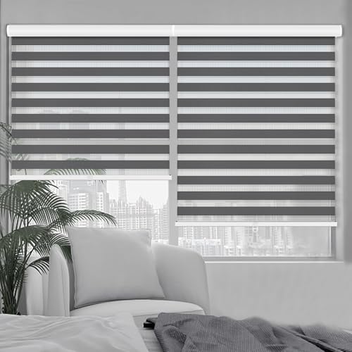 Kokorona Zebra Blinds Roller Shades Cordless Window Blinds with Valance Cover, Day and Night Sheer Shades Dual Layer Fabric for Light Control Light Filtering Privacy, Dark Grey, 27