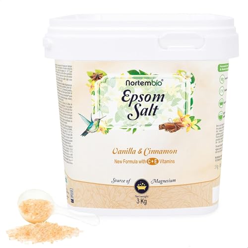 Nortembio Sales de Epsom 100% Fragancia Vainilla y Canela 3 kg – Fuente Natural de Magnesio | Con Vitamina C y E Hidratante | Para Baños Relajantes, Spa y Cuidado de la Piel + E-Book Gratis