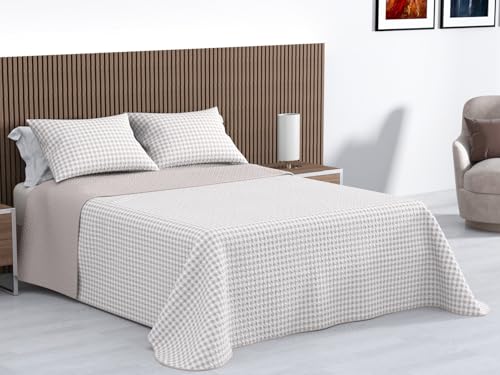 Kimbatex Colcha Bouti Estampada 100% Microfibra Termosellada, Diseños EOS, Talia y Nereida, Reversible con Fundas de Cojín (EOS Beige, Cama 90cm 180x260cm + 1 cojin)