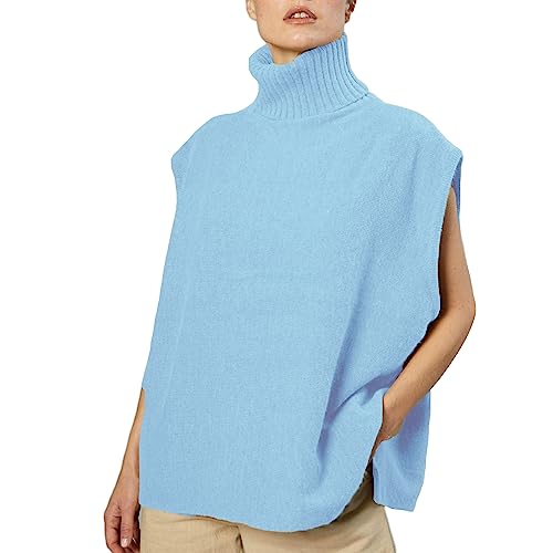 Image of Sdencin Women Turtleneck Oversized Knitted Sweater Vest Sleeveless Split Hem Solid Loose Fit Pullover Tank Top Knitwear(L,Blue)