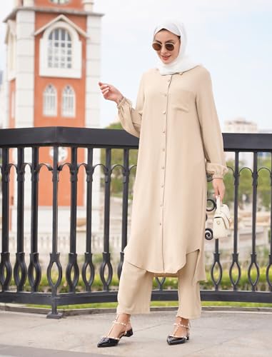 Image of IDOPIP Abaya Dress for Women Muslim Set Long Sleeve Chiffon Islamic Dress Shirt with Pants 2PCS Dubai Prayer Casual Clothes