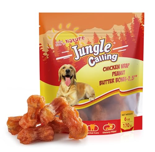 Jungle Calling Rawhide Free Dog Chew Treats, Real Chicken Wrapped Peanut Butter Bones, Teeth Clean Chewy Training Snacks, 6 oz
