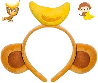 Ailesiy Monkey Ears with Banana Hat, Soft Monkey Ears Headbands Plush Animal Hair Hoop Fluffy Cartoon Banana Headwear Monkey Costume Accessories Animals Theme Cosplay Party Dress Up (Khaki)