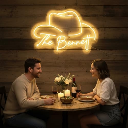 Image of Custom Cowboy Hat Neon Sign for Western Decor | Rodeo party, ranch, home bar, wedding, last name light, dimmable LED, rustic wall accent, personalized gift
