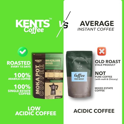 Image of Kents Coffee Brazilian Boss | LOW ACIDIC COFFEE | For Moka Pot, Drip Machine, V60 & South Indian Filter | Ground Coffee | Medium Roast, Medium-Fine Grind | 100% Arabica from Chikmagalur | Nutty, Smooth & Choco | Single Estate | Sundried Arabica + Washed Arabica | Freshly Roasted Beans | 200gm
